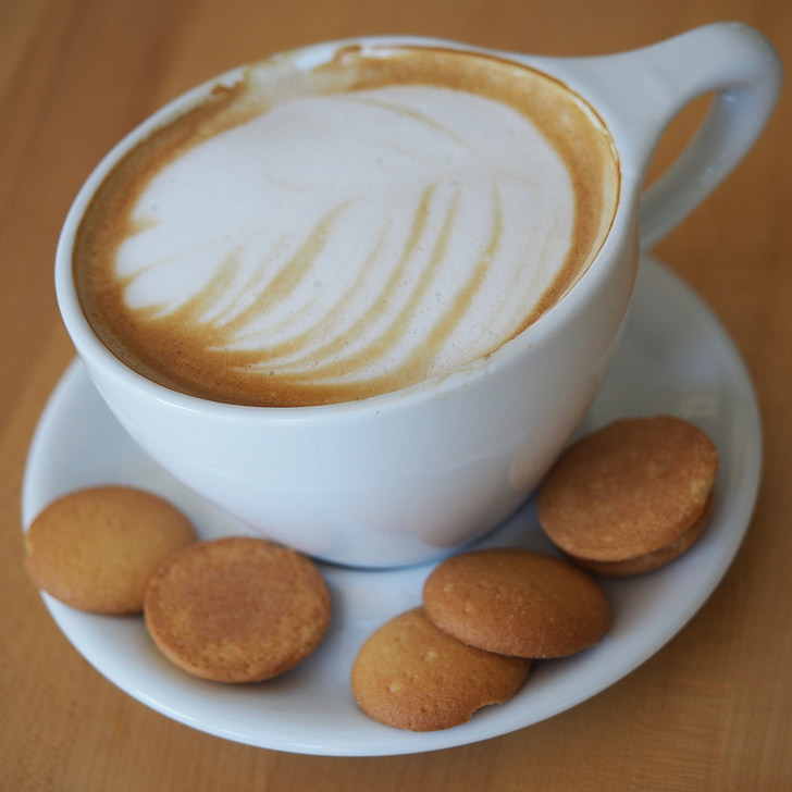 latte, kohvi, Cup, küpsised, taldrik, jook, jook
