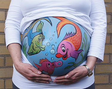 incinta, bellypaint, pittura di pancia, bambino, pesce, nella previsione