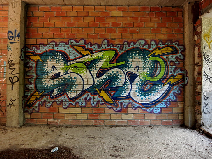 graffiti, muur, baksteen