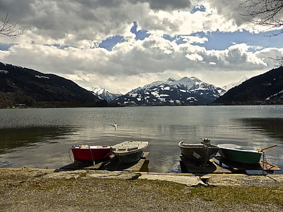 езеро, лодки, планини, небе, самота, тихо, Zeller виж