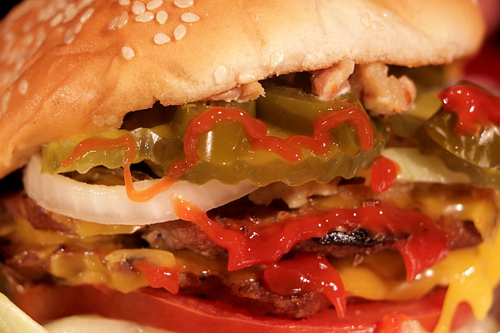 Burger, Rychlé občerstvení, jídlo a pití, jídlo, uvnitř, detail, žádní lidé