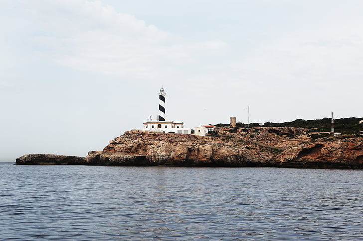 photograph, white, black, lighthouse, sea, rocks, coast
