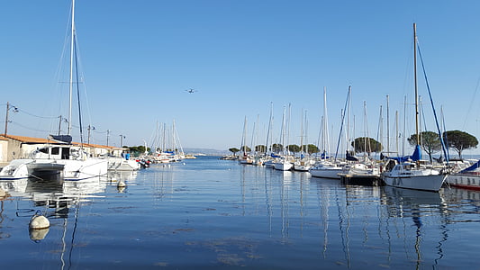 Porto, água, céu, Barcos, reflexões, França, azul