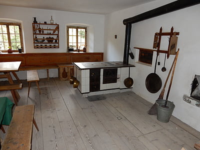 kitchen, farmer kitchen, wood burning stove, farm museum, oven, stove pipe, museum