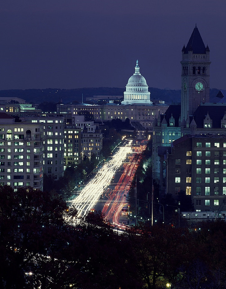 paysage urbain, scène, tombée de la nuit, Pennsylvania avenue, district de, Columbia, Washington