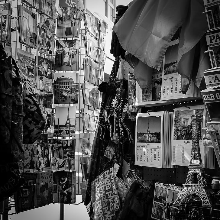 paris, street, postcard, trader, tourism, black And White, store