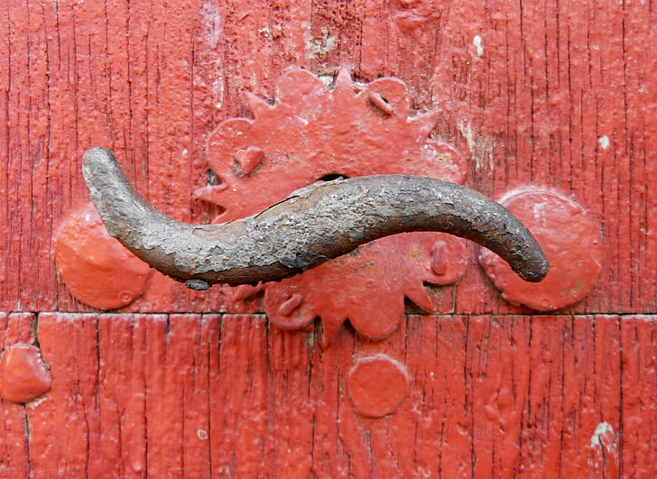 roko, vrata, rdeča, starega lesa, železa, oksida, stari
