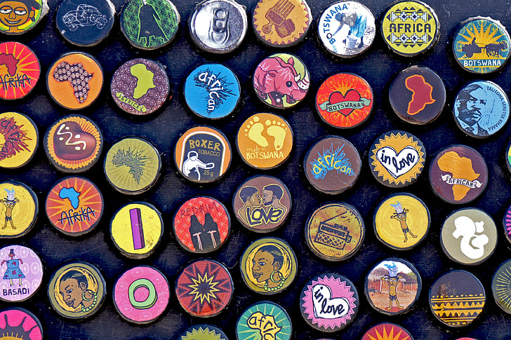 botswana, africa, bottle caps, badges, design, magnets