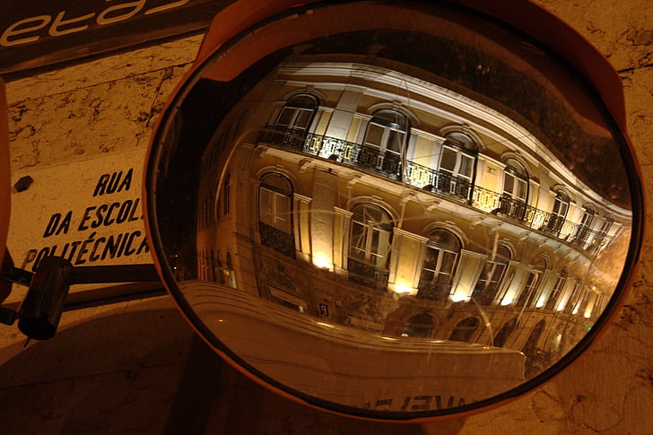 mirror, city, ball mirror, road, distorted, lisboa, portugal