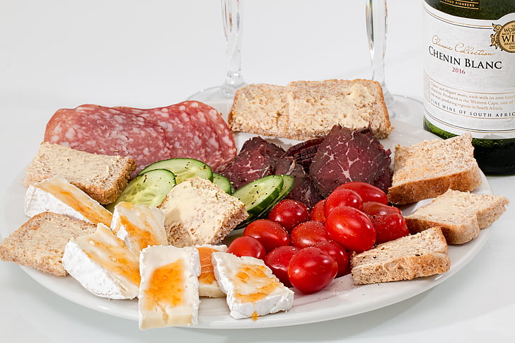 food platter, cheese, salami, smoked beef, tomato, snack, appetizer