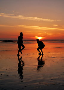 coucher de soleil, heureux, danse, plage, océan, Kalaloch, silhouette