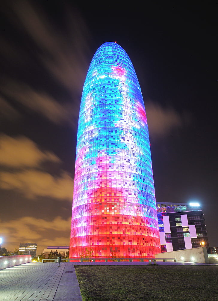 barcelona, night, torre agbar, places of interest, lights, illuminated, long exposure