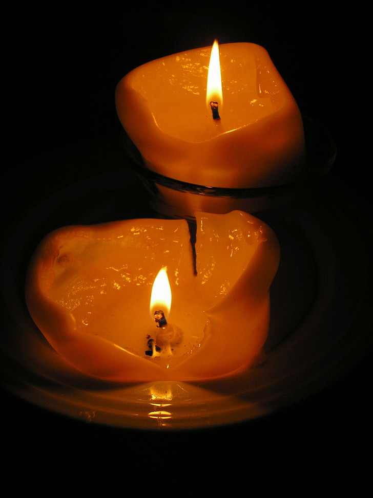 candles, melting, burning, dark, light, reflection, flame