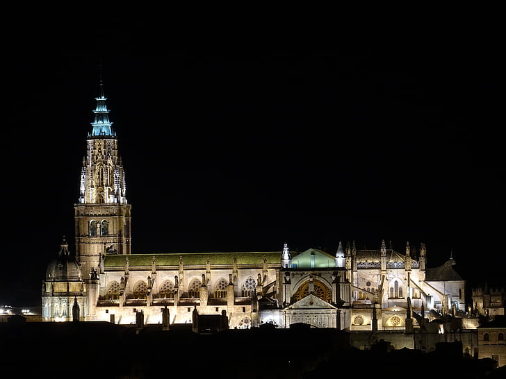 Cathédrale, Toledo, nuit, art gothique, Espagne, bâtiments