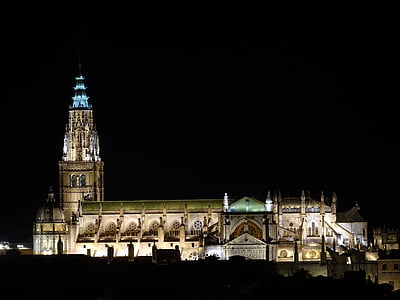 cathedral, toledo, night, gothic art, spain, buildings
