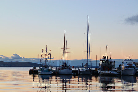Hobart, hamnen, soluppgång, båt, segel, Tasmanien, vatten