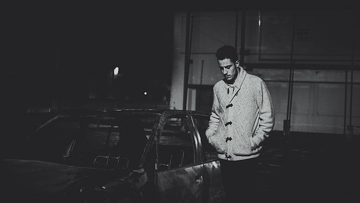 grayscale, photo, man, standing, near, car, black and white night