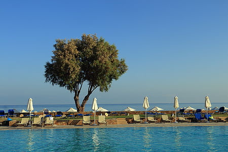 piscina, mar, piscina, Creta, árbol, silla de cubierta, parasol