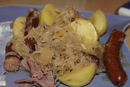 квашеная капуста, Колбаса, картофель, съесть, питание, обед, приготовленные