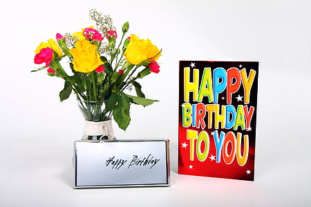 anniversaire, bouquet, carte, célébration, décoration, conception, fleur
