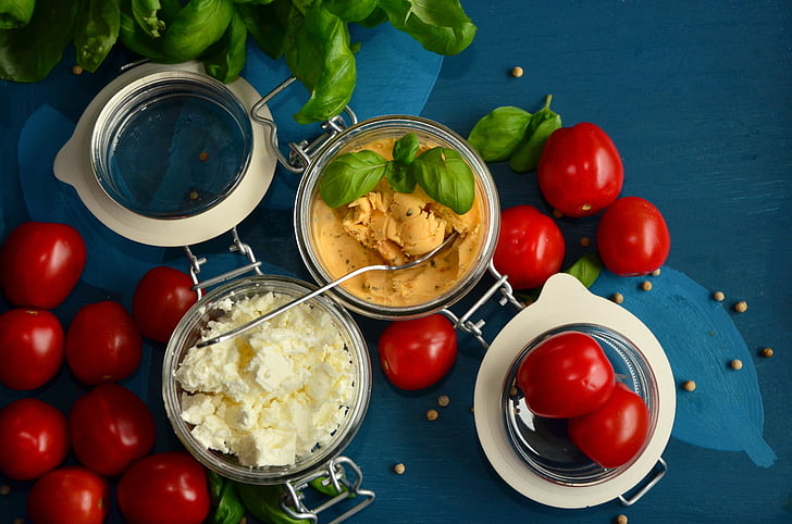 tomates, queso feta, albahaca, Mediterráneo, Frisch, saludable, queso
