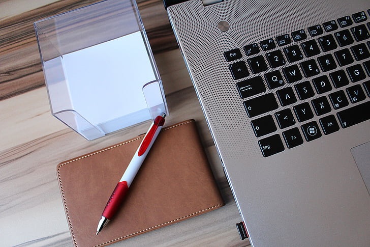 laptop, notebook, desk, workplace, pen
