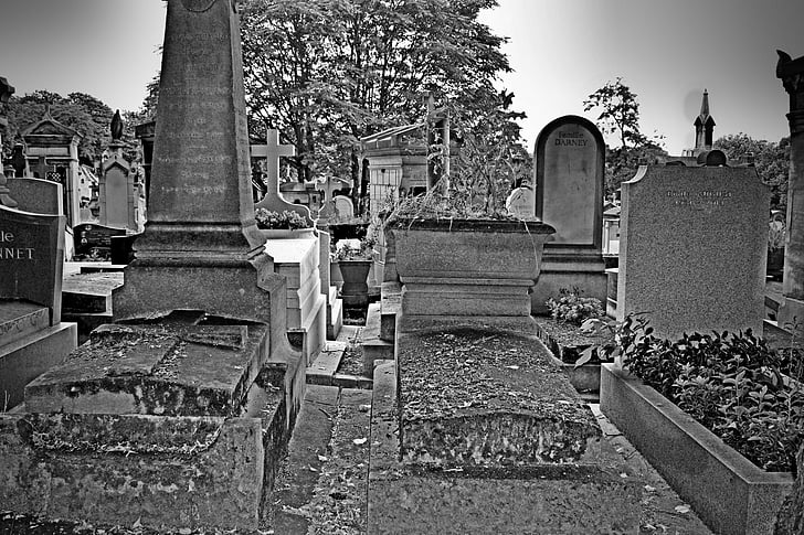 kirkegård, Paris, Pere-lachaise, monument, grå dag, mystisk