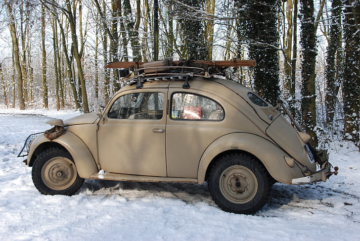 car, vintage, antique, old, ski, winter, snow
