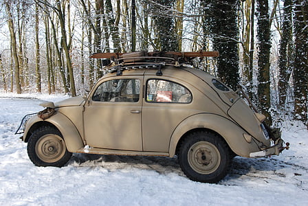 xe hơi, Vintage, đồ cổ, cũ, Ski, mùa đông, tuyết