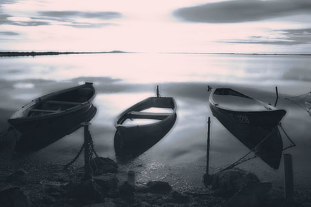 boat, lake, water, black and white, contrast, calm water, reflection