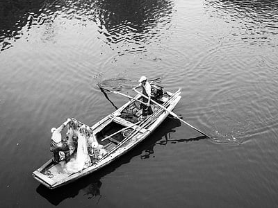 schwarz-weiß-, Boot, Angeln, See, Menschen, Fluss, Schiff