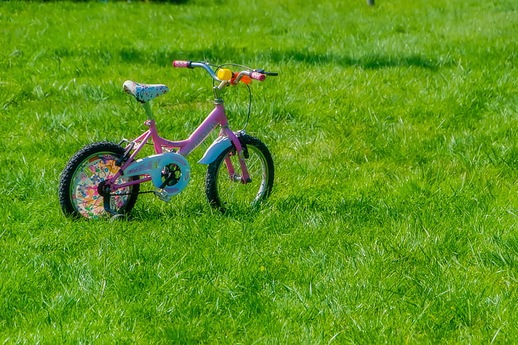 Polkupyörä, lapsi, vauva, Kids pyörä, vaaleanpunainen pyörä, tausta, vaaleanpunainen