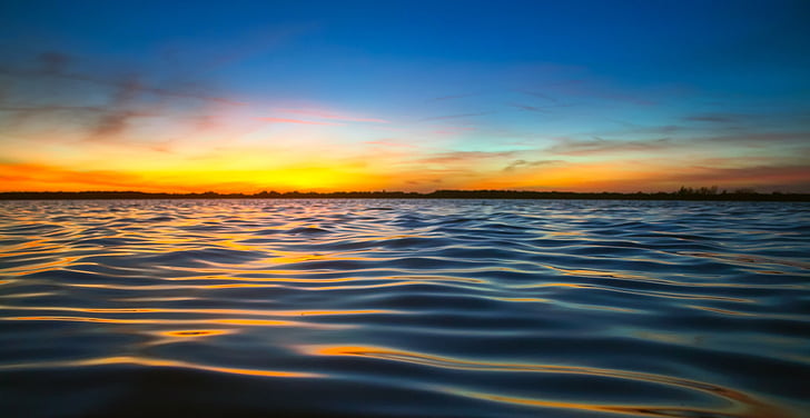 panorama, lake, water, sunset, dusk, sky, clouds