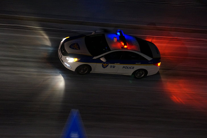 República da Coreia, carro de polícia, polícia, à noite, dever, estrada, Serena