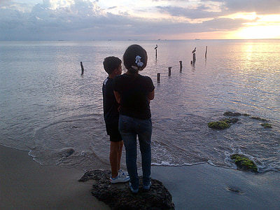 bambini, Praia mansa, guardando il tramonto, tramonto, cielo, sole