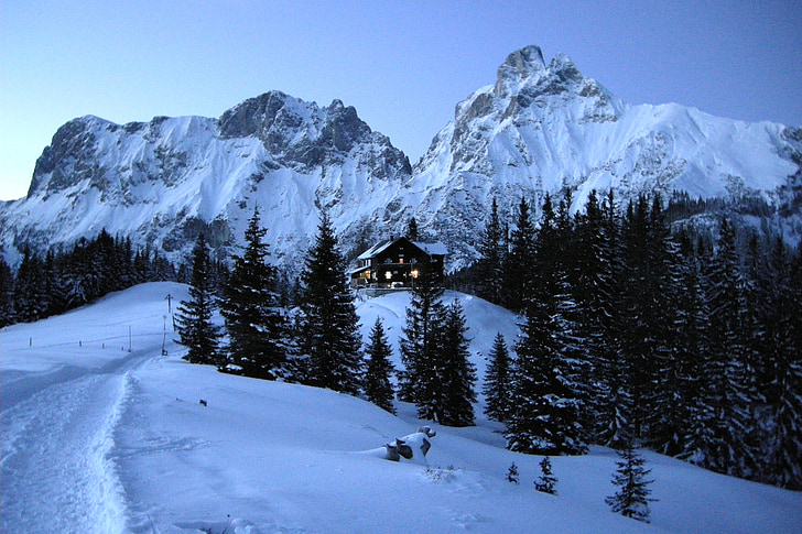 kalnai, Alpių, vakare, šaldymo, žiemos, gruodžio, namelis