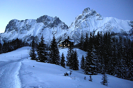 bjerge, Alpine, aften, kolde, vinterlige, december, hytte