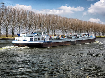 amsterdam, canal, water, ship, trees, sky, clouds