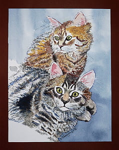 akvarel, voda-boje Hvala, mačka, životinja, mlade mačke, umjetnost, oslikana