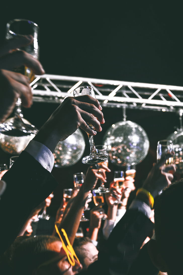 ball, cheers, disco, event, festival, glasses, hand
