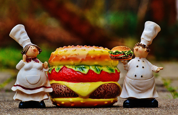 hamburger, cheeseburger, cucina, divertente, cibo, preparazione, cappello da cuoco