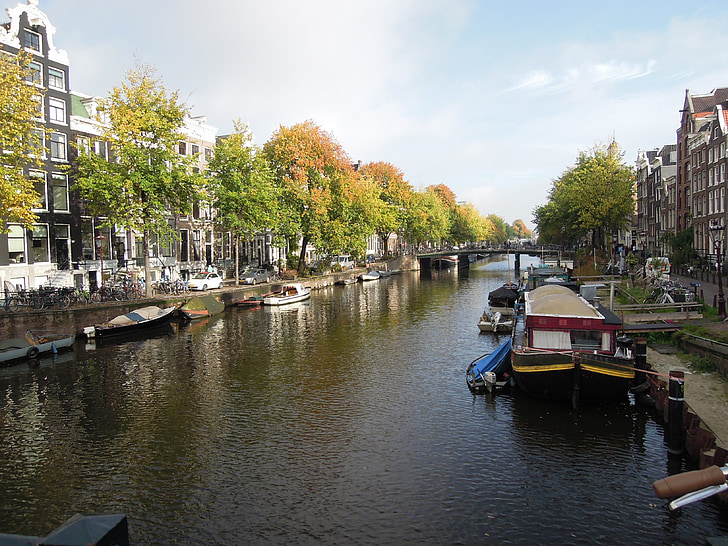 Amszterdam, város, víz, folyó, kék, csónak, hajó