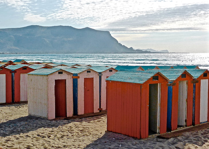 Cabañas, Playa, junto al mar, colorido, Sicilia, vista, Costa