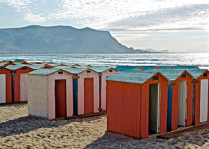 cabanes, platja, al costat del mar, colors, Sicília, Perspectiva, Costa