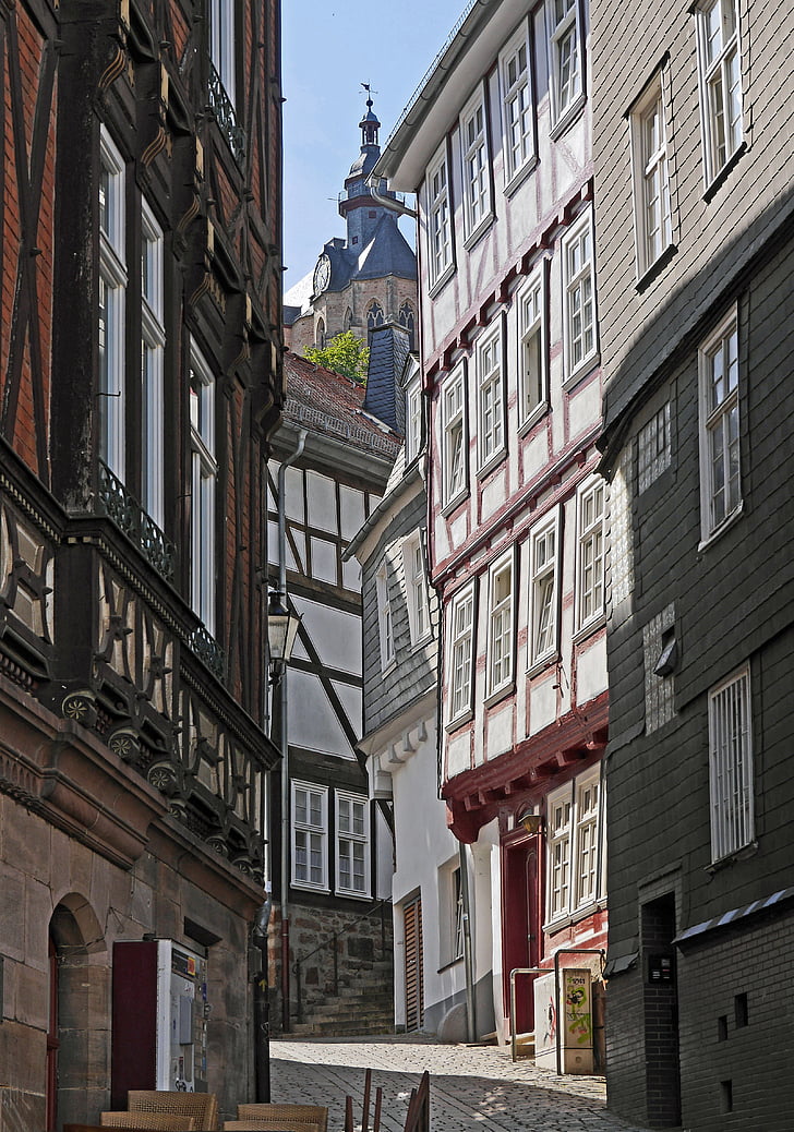 ancienne voie de ville, poutrelle, montagneux, Marburg-lahn, colline du château, steeple, Centre ville