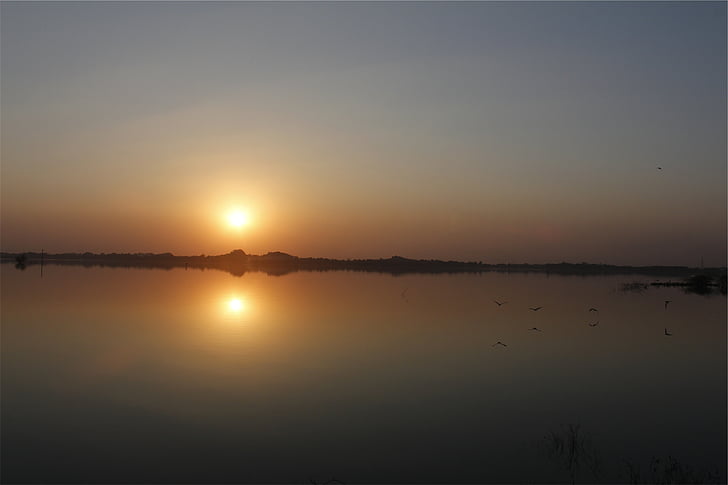 Silhouette, Berg, in der Nähe, Körper, Wasser, Sonnenuntergang, Dämmerung