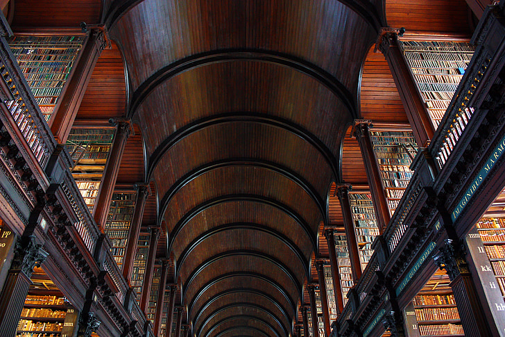 Biblioteca, interior, madera, libro, libros, arco, arcos