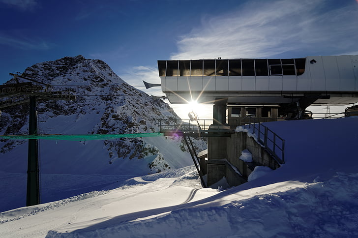 Górna stacja, Wyciąg krzesełkowy, Słońce, alpejska, winda, góry, Sporty zimowe