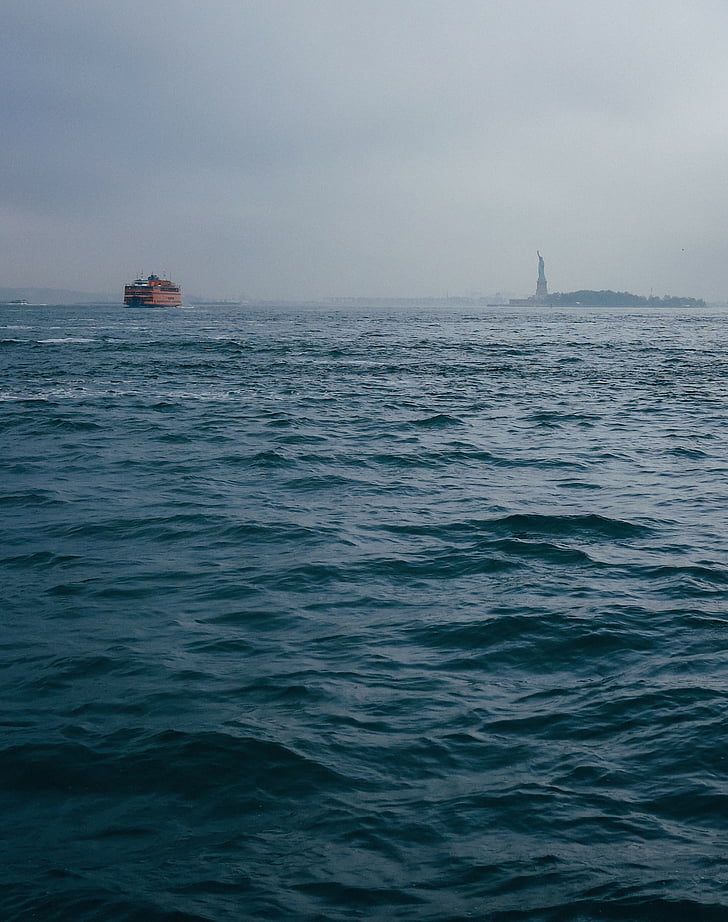 barco, nebuloso, Nova Iorque, oceano, Rio, mar, estátua da liberdade