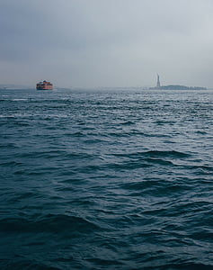 boat, foggy, new york, ocean, river, sea, Statue of Liberty